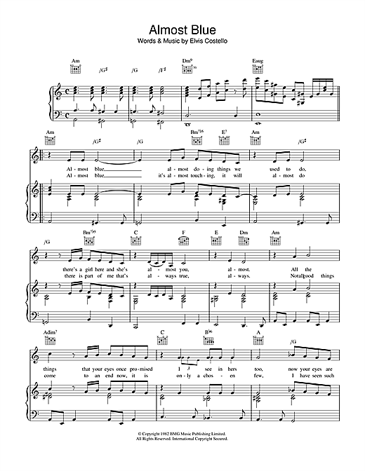 Preview Elvis Costello Almost Blue Pop sheet music, notes and chords for Piano, Vocal & Guitar (Right-Hand Melody), SKU: 33850 sheet music, piano notes, chords, guitar tabs, score, transpose, transcribe, how to play, guide, download, learn, tutorial, progression, song, artist, awards, billboard, mtv, vh1, tour, single, album, release