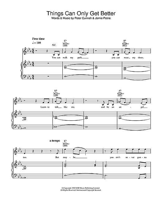 Preview D Ream: Things Can Only Get Better Pop sheet music, notes and chords for Piano, Vocal & Guitar, SKU: 33851 sheet music, piano notes, chords, guitar tabs, score, transpose, transcribe, how to play, guide, download, learn, tutorial, progression, song, artist, awards, billboard, mtv, vh1, tour, single, album, release
