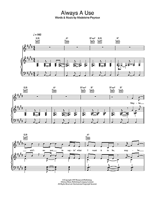 Preview Madeleine Peyroux Always A Use Jazz sheet music, notes and chords for Piano, Vocal & Guitar (Right-Hand Melody), SKU: 33852 sheet music, piano notes, chords, guitar tabs, score, transpose, transcribe, how to play, guide, download, learn, tutorial, progression, song, artist, awards, billboard, mtv, vh1, tour, single, album, release