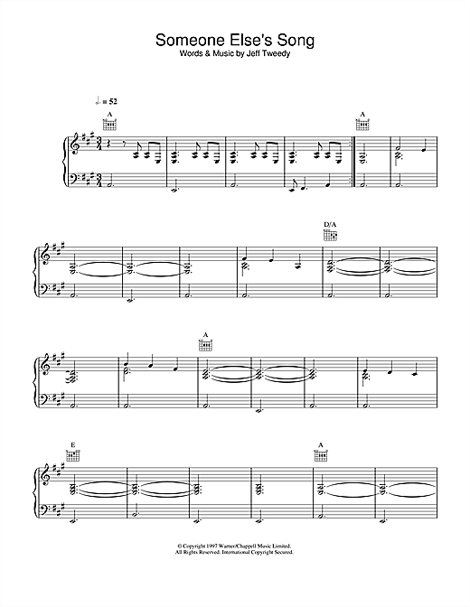 Preview Wilco Someone Else's Song Rock sheet music, notes and chords for Piano, Vocal & Guitar (Right-Hand Melody), SKU: 33853 sheet music, piano notes, chords, guitar tabs, score, transpose, transcribe, how to play, guide, download, learn, tutorial, progression, song, artist, awards, billboard, mtv, vh1, tour, single, album, release