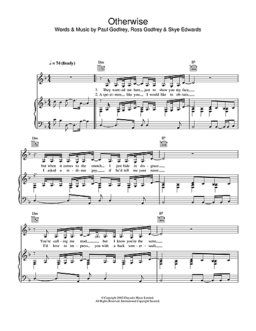 Preview Morcheeba Otherwise Pop sheet music, notes and chords for Piano, Vocal & Guitar (Right-Hand Melody), SKU: 33854 sheet music, piano notes, chords, guitar tabs, score, transpose, transcribe, how to play, guide, download, learn, tutorial, progression, song, artist, awards, billboard, mtv, vh1, tour, single, album, release