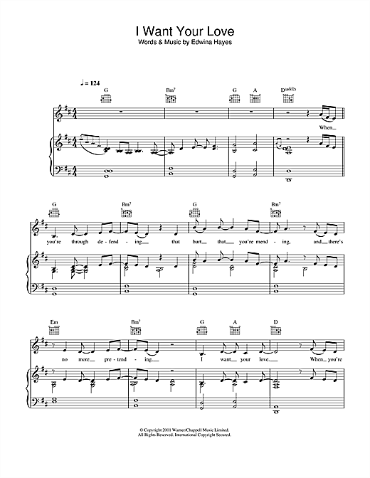Preview Edwina Hayes I Want Your Love Pop sheet music, notes and chords for Piano, Vocal & Guitar (Right-Hand Melody), SKU: 33855 sheet music, piano notes, chords, guitar tabs, score, transpose, transcribe, how to play, guide, download, learn, tutorial, progression, song, artist, awards, billboard, mtv, vh1, tour, single, album, release