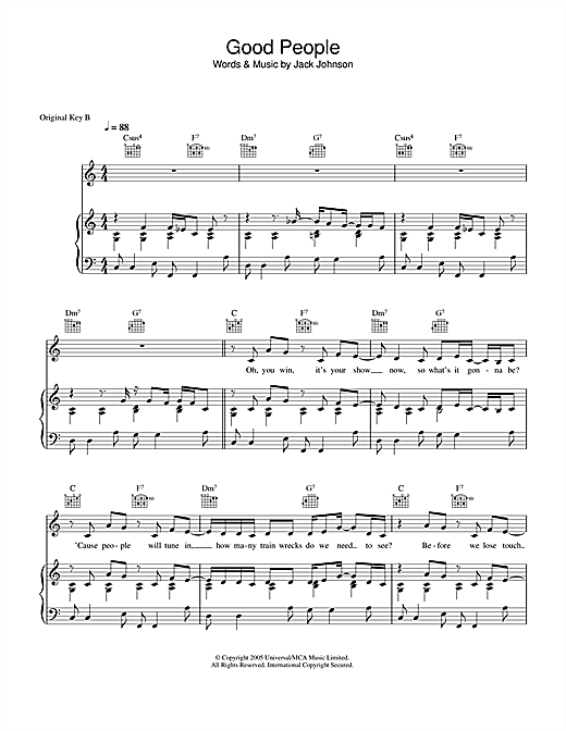 Preview Jack Johnson Good People Pop sheet music, notes and chords for Piano, Vocal & Guitar (Right-Hand Melody), SKU: 33856 sheet music, piano notes, chords, guitar tabs, score, transpose, transcribe, how to play, guide, download, learn, tutorial, progression, song, artist, awards, billboard, mtv, vh1, tour, single, album, release