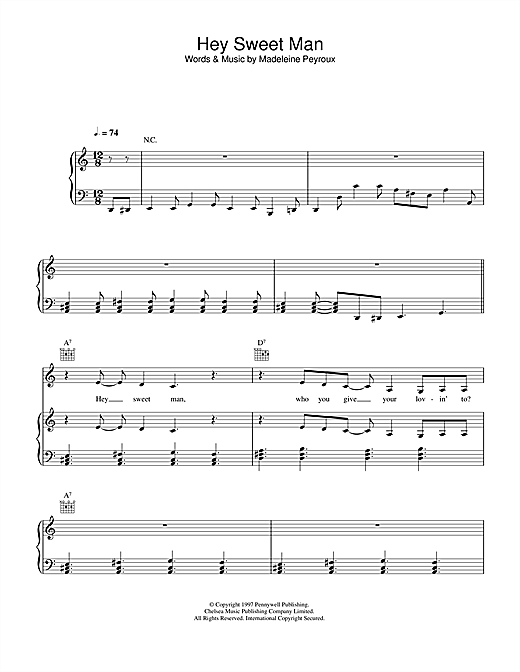 Preview Madeleine Peyroux Hey Sweet Man Jazz sheet music, notes and chords for Piano, Vocal & Guitar (Right-Hand Melody), SKU: 33857 sheet music, piano notes, chords, guitar tabs, score, transpose, transcribe, how to play, guide, download, learn, tutorial, progression, song, artist, awards, billboard, mtv, vh1, tour, single, album, release