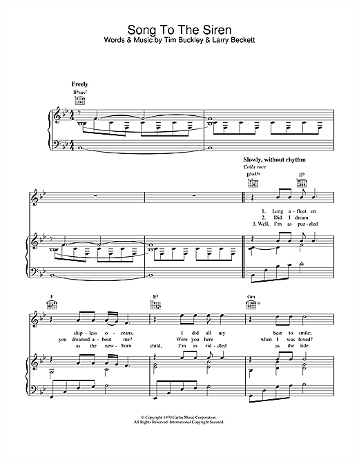 Preview Tim Buckley Song To The Siren Rock sheet music, notes and chords for Piano, Vocal & Guitar (Right-Hand Melody), SKU: 33858 sheet music, piano notes, chords, guitar tabs, score, transpose, transcribe, how to play, guide, download, learn, tutorial, progression, song, artist, awards, billboard, mtv, vh1, tour, single, album, release