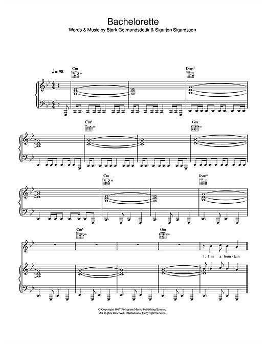 Preview Bjork Bachelorette Pop sheet music, notes and chords for Piano, Vocal & Guitar (Right-Hand Melody), SKU: 33859 sheet music, piano notes, chords, guitar tabs, score, transpose, transcribe, how to play, guide, download, learn, tutorial, progression, song, artist, awards, billboard, mtv, vh1, tour, single, album, release