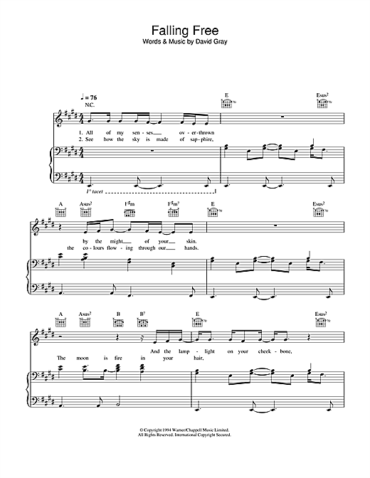Preview David Gray Falling Free Pop sheet music, notes and chords for Piano, Vocal & Guitar, SKU: 33860 sheet music, piano notes, chords, guitar tabs, score, transpose, transcribe, how to play, guide, download, learn, tutorial, progression, song, artist, awards, billboard, mtv, vh1, tour, single, album, release