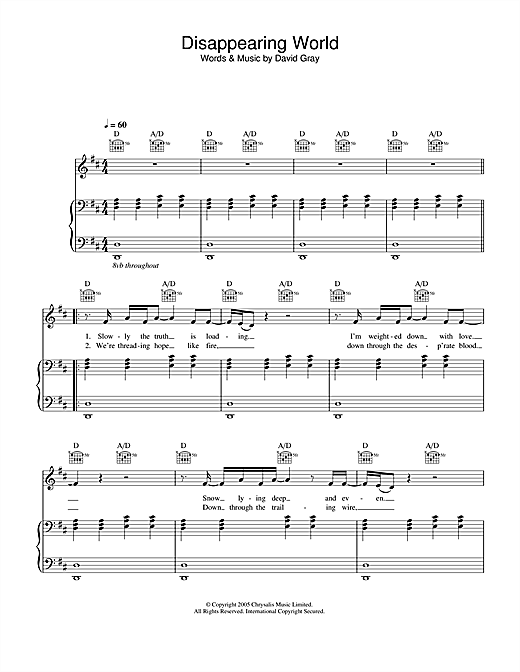 Preview David Gray Disappearing World Pop sheet music, notes and chords for Piano, Vocal & Guitar, SKU: 33862 sheet music, piano notes, chords, guitar tabs, score, transpose, transcribe, how to play, guide, download, learn, tutorial, progression, song, artist, awards, billboard, mtv, vh1, tour, single, album, release