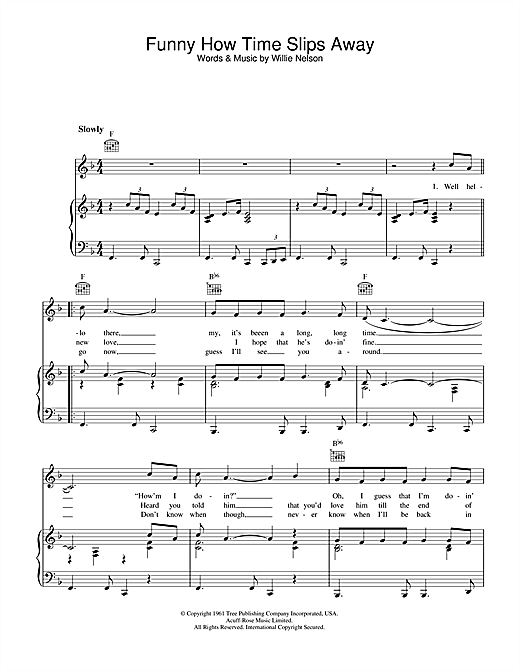 Preview Willie Nelson Funny How Time Slips Away Country sheet music, notes and chords for Piano, Vocal & Guitar (Right-Hand Melody), SKU: 33872 sheet music, piano notes, chords, guitar tabs, score, transpose, transcribe, how to play, guide, download, learn, tutorial, progression, song, artist, awards, billboard, mtv, vh1, tour, single, album, release