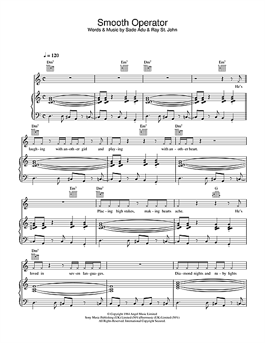 Preview Sade Smooth Operator Pop sheet music, notes and chords for Piano, Vocal & Guitar (Right-Hand Melody), SKU: 33873 sheet music, piano notes, chords, guitar tabs, score, transpose, transcribe, how to play, guide, download, learn, tutorial, progression, song, artist, awards, billboard, mtv, vh1, tour, single, album, release