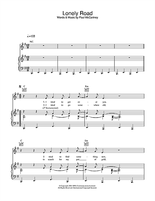 Preview Paul McCartney Lonely Road Rock sheet music, notes and chords for Piano, Vocal & Guitar (Right-Hand Melody), SKU: 33876 sheet music, piano notes, chords, guitar tabs, score, transpose, transcribe, how to play, guide, download, learn, tutorial, progression, song, artist, awards, billboard, mtv, vh1, tour, single, album, release