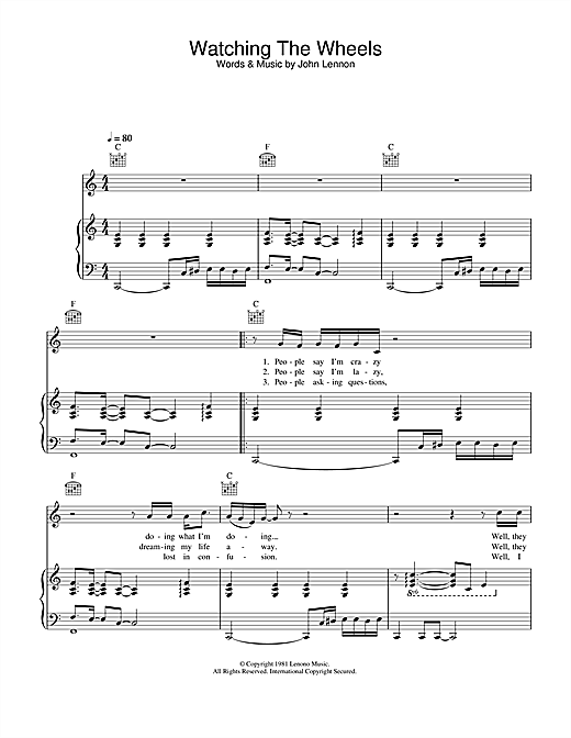 Preview John Lennon Watching The Wheels Rock sheet music, notes and chords for Piano, Vocal & Guitar, SKU: 33879 sheet music, piano notes, chords, guitar tabs, score, transpose, transcribe, how to play, guide, download, learn, tutorial, progression, song, artist, awards, billboard, mtv, vh1, tour, single, album, release