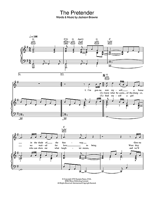Preview Jackson Browne The Pretender Rock sheet music, notes and chords for Piano, Vocal & Guitar (Right-Hand Melody), SKU: 33880 sheet music, piano notes, chords, guitar tabs, score, transpose, transcribe, how to play, guide, download, learn, tutorial, progression, song, artist, awards, billboard, mtv, vh1, tour, single, album, release