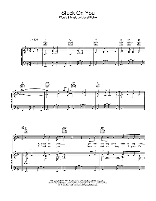 Preview Lionel Richie Stuck On You Pop sheet music, notes and chords for Piano, Vocal & Guitar (Right-Hand Melody), SKU: 33881 sheet music, piano notes, chords, guitar tabs, score, transpose, transcribe, how to play, guide, download, learn, tutorial, progression, song, artist, awards, billboard, mtv, vh1, tour, single, album, release