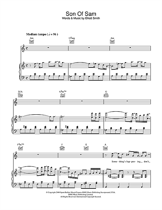 Preview Elliott Smith Son Of Sam Rock sheet music, notes and chords for Piano, Vocal & Guitar (Right-Hand Melody), SKU: 33882 sheet music, piano notes, chords, guitar tabs, score, transpose, transcribe, how to play, guide, download, learn, tutorial, progression, song, artist, awards, billboard, mtv, vh1, tour, single, album, release