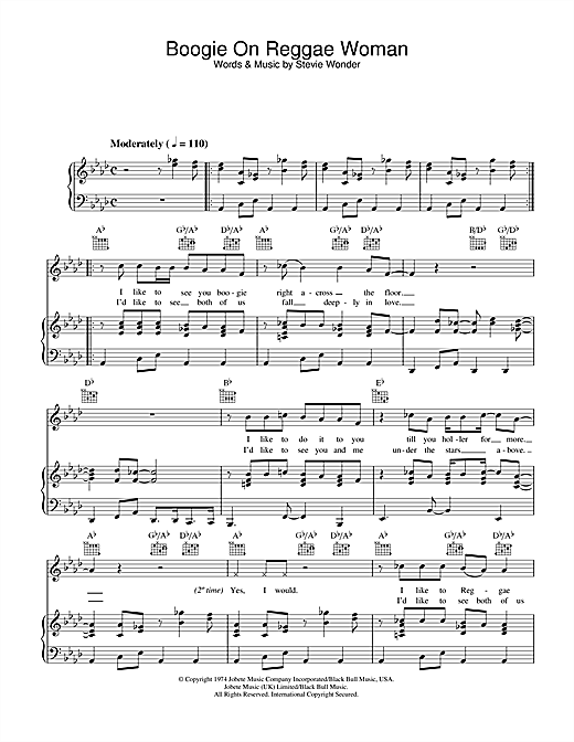 Preview Stevie Wonder Boogie On Reggae Woman Soul sheet music, notes and chords for Piano, Vocal & Guitar (Right-Hand Melody), SKU: 33883 sheet music, piano notes, chords, guitar tabs, score, transpose, transcribe, how to play, guide, download, learn, tutorial, progression, song, artist, awards, billboard, mtv, vh1, tour, single, album, release