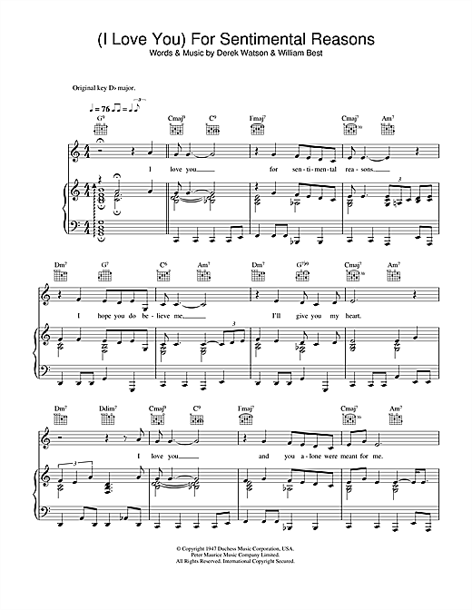 Preview Nat King Cole (I Love You) For Sentimental Reasons Jazz sheet music, notes and chords for Piano, Vocal & Guitar (Right-Hand Melody), SKU: 33886 sheet music, piano notes, chords, guitar tabs, score, transpose, transcribe, how to play, guide, download, learn, tutorial, progression, song, artist, awards, billboard, mtv, vh1, tour, single, album, release