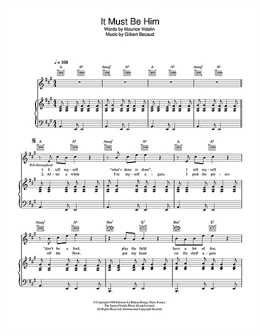 Preview Vikki Carr It Must Be Him Pop sheet music, notes and chords for Piano, Vocal & Guitar, SKU: 33887 sheet music, piano notes, chords, guitar tabs, score, transpose, transcribe, how to play, guide, download, learn, tutorial, progression, song, artist, awards, billboard, mtv, vh1, tour, single, album, release