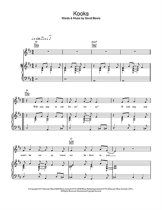 Preview David Bowie Kooks Pop sheet music, notes and chords for Piano, Vocal & Guitar (Right-Hand Melody), SKU: 33889 sheet music, piano notes, chords, guitar tabs, score, transpose, transcribe, how to play, guide, download, learn, tutorial, progression, song, artist, awards, billboard, mtv, vh1, tour, single, album, release