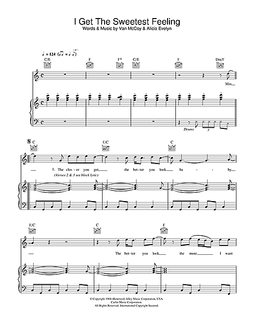 Preview Jackie Wilson I Get The Sweetest Feeling Soul sheet music, notes and chords for Piano, Vocal & Guitar, SKU: 33890 sheet music, piano notes, chords, guitar tabs, score, transpose, transcribe, how to play, guide, download, learn, tutorial, progression, song, artist, awards, billboard, mtv, vh1, tour, single, album, release