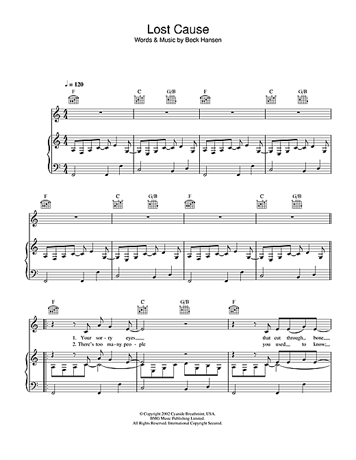 Preview Beck Lost Cause Rock sheet music, notes and chords for Piano, Vocal & Guitar (Right-Hand Melody), SKU: 33891 sheet music, piano notes, chords, guitar tabs, score, transpose, transcribe, how to play, guide, download, learn, tutorial, progression, song, artist, awards, billboard, mtv, vh1, tour, single, album, release