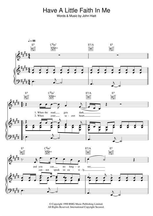 Preview John Hiatt Have A Little Faith In Me Rock sheet music, notes and chords for Piano, Vocal & Guitar (Right-Hand Melody), SKU: 33892 sheet music, piano notes, chords, guitar tabs, score, transpose, transcribe, how to play, guide, download, learn, tutorial, progression, song, artist, awards, billboard, mtv, vh1, tour, single, album, release