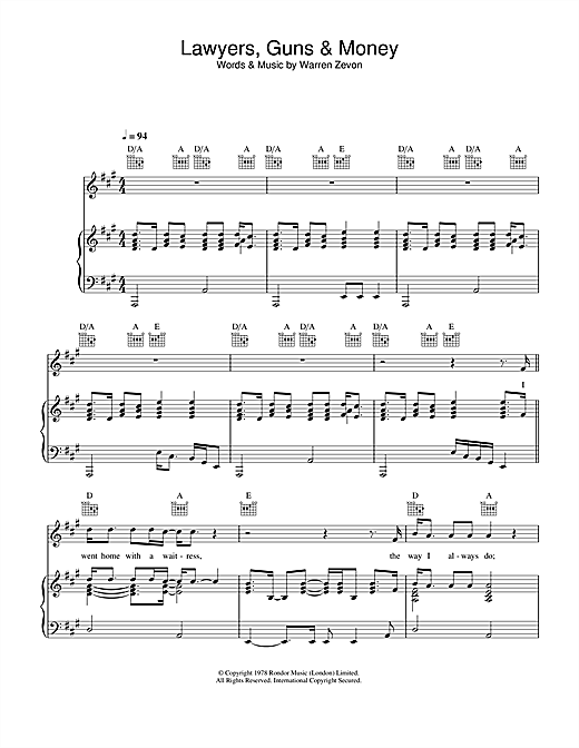Preview Warren Zevon Lawyers, Guns And Money Rock sheet music, notes and chords for Piano, Vocal & Guitar (Right-Hand Melody), SKU: 33893 sheet music, piano notes, chords, guitar tabs, score, transpose, transcribe, how to play, guide, download, learn, tutorial, progression, song, artist, awards, billboard, mtv, vh1, tour, single, album, release