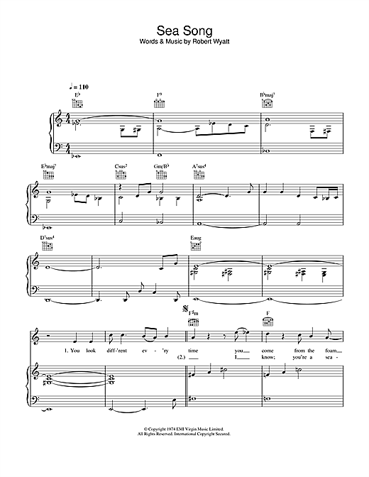 Preview Robert Wyatt Sea Song Rock sheet music, notes and chords for Piano, Vocal & Guitar, SKU: 33894 sheet music, piano notes, chords, guitar tabs, score, transpose, transcribe, how to play, guide, download, learn, tutorial, progression, song, artist, awards, billboard, mtv, vh1, tour, single, album, release