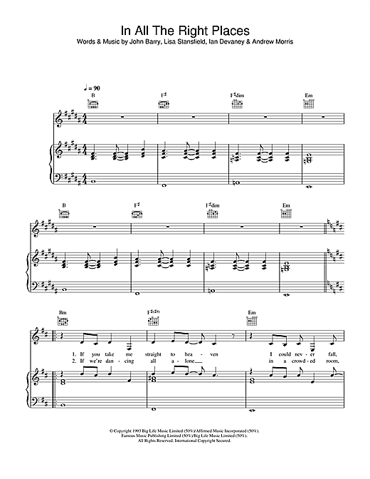 Preview Lisa Stansfield In All The Right Places (from Indecent Proposal) Film and TV sheet music, notes and chords for Piano, Vocal & Guitar (Right-Hand Melody), SKU: 33895 sheet music, piano notes, chords, guitar tabs, score, transpose, transcribe, how to play, guide, download, learn, tutorial, progression, song, artist, awards, billboard, mtv, vh1, tour, single, album, release
