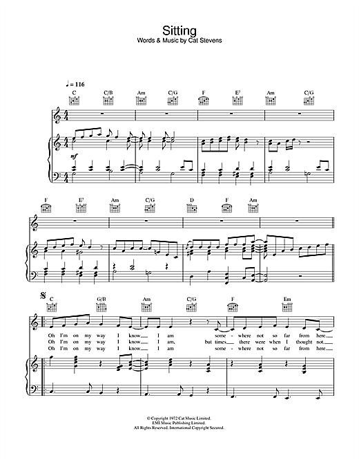 Preview Cat Stevens Sitting (from the musical 'Moonshadow') Pop sheet music, notes and chords for Piano, Vocal & Guitar, SKU: 33897 sheet music, piano notes, chords, guitar tabs, score, transpose, transcribe, how to play, guide, download, learn, tutorial, progression, song, artist, awards, billboard, mtv, vh1, tour, single, album, release