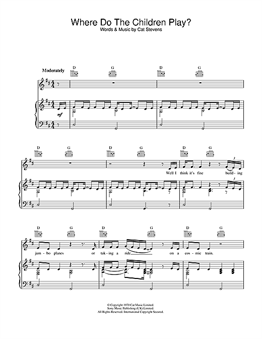 Preview Cat Stevens Where Do The Children Play? Pop sheet music, notes and chords for Piano, Vocal & Guitar (Right-Hand Melody), SKU: 33898 sheet music, piano notes, chords, guitar tabs, score, transpose, transcribe, how to play, guide, download, learn, tutorial, progression, song, artist, awards, billboard, mtv, vh1, tour, single, album, release