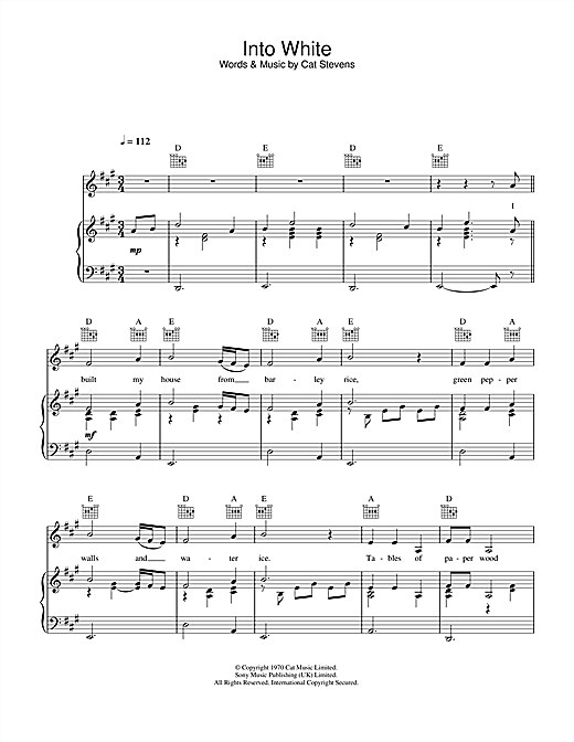 Preview Cat Stevens Into White Pop sheet music, notes and chords for Piano, Vocal & Guitar (Right-Hand Melody), SKU: 33899 sheet music, piano notes, chords, guitar tabs, score, transpose, transcribe, how to play, guide, download, learn, tutorial, progression, song, artist, awards, billboard, mtv, vh1, tour, single, album, release