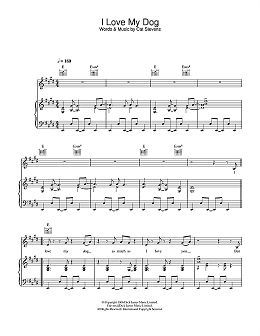 Preview Cat Stevens I Love My Dog Pop sheet music, notes and chords for Piano, Vocal & Guitar, SKU: 33901 sheet music, piano notes, chords, guitar tabs, score, transpose, transcribe, how to play, guide, download, learn, tutorial, progression, song, artist, awards, billboard, mtv, vh1, tour, single, album, release