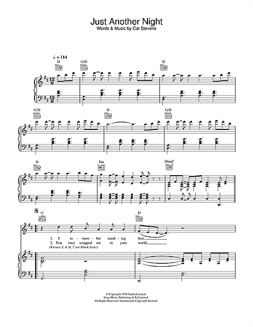 Preview Cat Stevens Just Another Night Pop sheet music, notes and chords for Piano, Vocal & Guitar, SKU: 33902 sheet music, piano notes, chords, guitar tabs, score, transpose, transcribe, how to play, guide, download, learn, tutorial, progression, song, artist, awards, billboard, mtv, vh1, tour, single, album, release