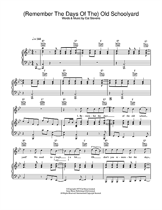 Preview Cat Stevens (Remember The Days Of The) Old Schoolyard (from the musical 'Moonshadow') Pop sheet music, notes and chords for Piano, Vocal & Guitar, SKU: 33903 sheet music, piano notes, chords, guitar tabs, score, transpose, transcribe, how to play, guide, download, learn, tutorial, progression, song, artist, awards, billboard, mtv, vh1, tour, single, album, release