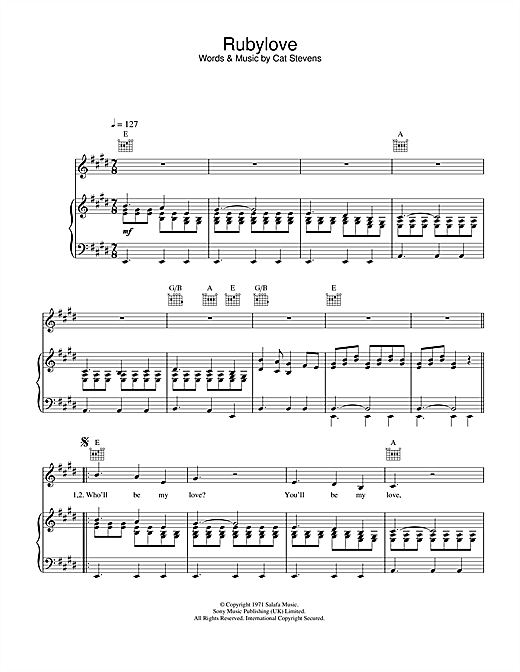 Preview Cat Stevens Rubylove Pop sheet music, notes and chords for Piano, Vocal & Guitar (Right-Hand Melody), SKU: 33904 sheet music, piano notes, chords, guitar tabs, score, transpose, transcribe, how to play, guide, download, learn, tutorial, progression, song, artist, awards, billboard, mtv, vh1, tour, single, album, release