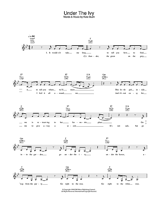 Preview Kate Bush Under The Ivy Pop sheet music, notes and chords for Melody Line, Lyrics & Chords, SKU: 33908 sheet music, piano notes, chords, guitar tabs, score, transpose, transcribe, how to play, guide, download, learn, tutorial, progression, song, artist, awards, billboard, mtv, vh1, tour, single, album, release
