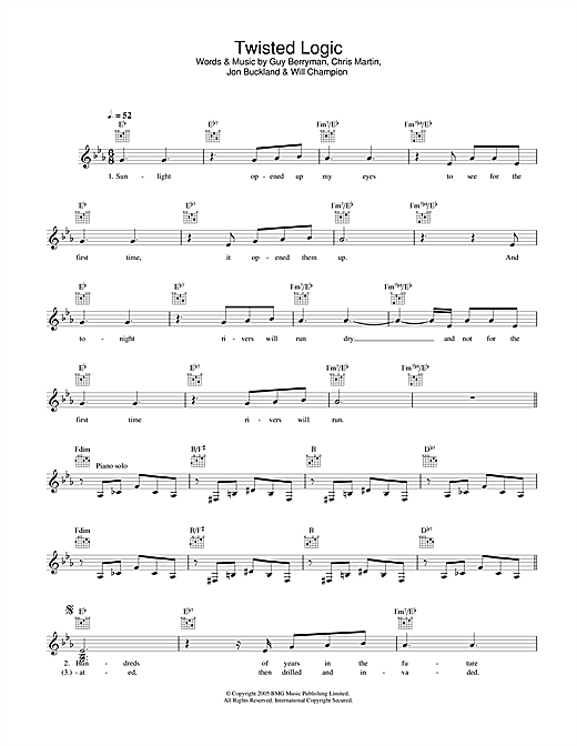Preview Coldplay Twisted Logic Rock sheet music, notes and chords for Melody Line, Lyrics & Chords, SKU: 33909 sheet music, piano notes, chords, guitar tabs, score, transpose, transcribe, how to play, guide, download, learn, tutorial, progression, song, artist, awards, billboard, mtv, vh1, tour, single, album, release