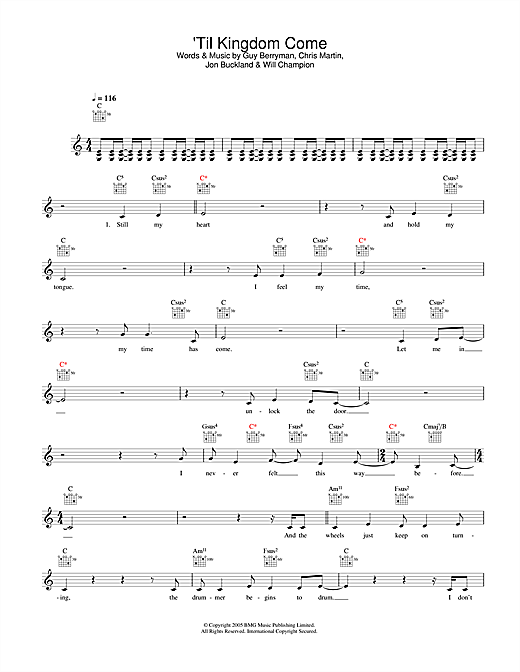 Preview Coldplay 'Til Kingdom Come Rock sheet music, notes and chords for Melody Line, Lyrics & Chords, SKU: 33910 sheet music, piano notes, chords, guitar tabs, score, transpose, transcribe, how to play, guide, download, learn, tutorial, progression, song, artist, awards, billboard, mtv, vh1, tour, single, album, release