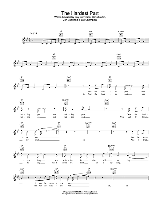 Preview Coldplay The Hardest Part Rock sheet music, notes and chords for Melody Line, Lyrics & Chords, SKU: 33911 sheet music, piano notes, chords, guitar tabs, score, transpose, transcribe, how to play, guide, download, learn, tutorial, progression, song, artist, awards, billboard, mtv, vh1, tour, single, album, release
