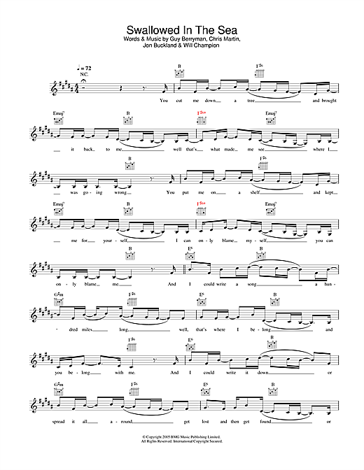 Preview Coldplay Swallowed In The Sea Rock sheet music, notes and chords for Melody Line, Lyrics & Chords, SKU: 33912 sheet music, piano notes, chords, guitar tabs, score, transpose, transcribe, how to play, guide, download, learn, tutorial, progression, song, artist, awards, billboard, mtv, vh1, tour, single, album, release