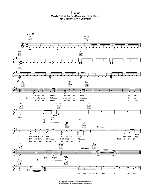 Preview Coldplay Low Rock sheet music, notes and chords for Melody Line, Lyrics & Chords, SKU: 33913 sheet music, piano notes, chords, guitar tabs, score, transpose, transcribe, how to play, guide, download, learn, tutorial, progression, song, artist, awards, billboard, mtv, vh1, tour, single, album, release