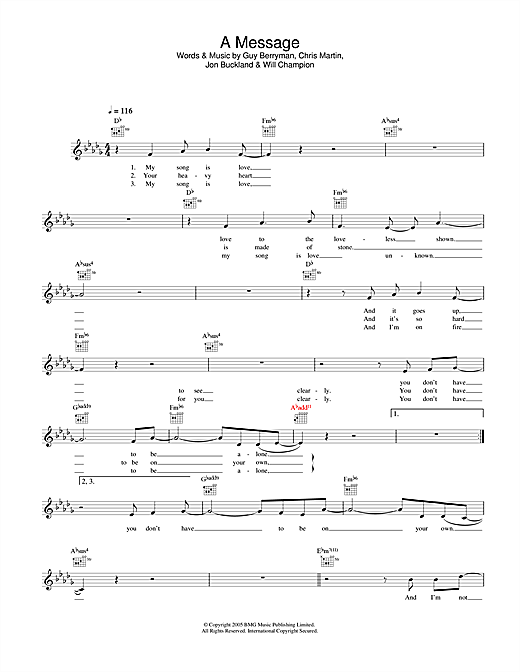 Preview Coldplay A Message Rock sheet music, notes and chords for Melody Line, Lyrics & Chords, SKU: 33914 sheet music, piano notes, chords, guitar tabs, score, transpose, transcribe, how to play, guide, download, learn, tutorial, progression, song, artist, awards, billboard, mtv, vh1, tour, single, album, release