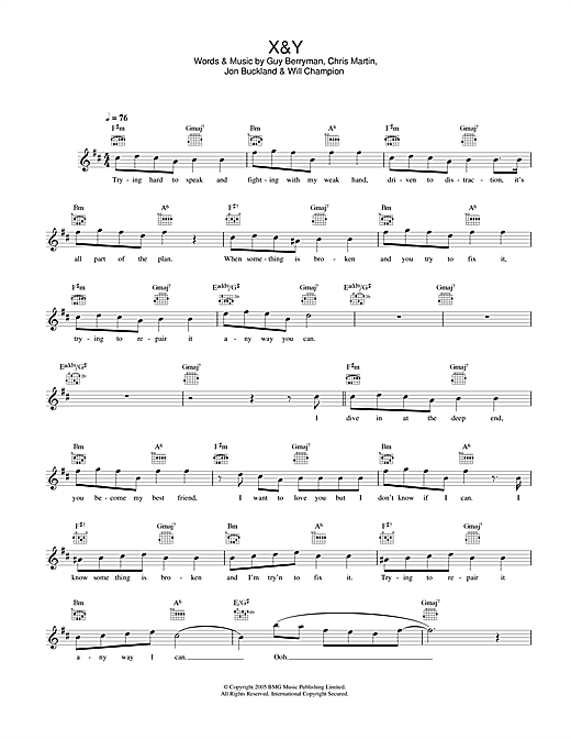 Preview Coldplay X&Y Rock sheet music, notes and chords for Melody Line, Lyrics & Chords, SKU: 33915 sheet music, piano notes, chords, guitar tabs, score, transpose, transcribe, how to play, guide, download, learn, tutorial, progression, song, artist, awards, billboard, mtv, vh1, tour, single, album, release