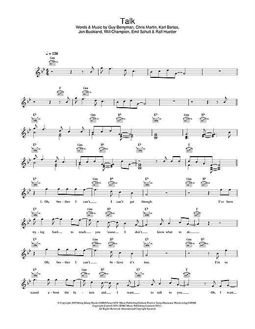 Preview Coldplay Talk Rock sheet music, notes and chords for Melody Line, Lyrics & Chords, SKU: 33917 sheet music, piano notes, chords, guitar tabs, score, transpose, transcribe, how to play, guide, download, learn, tutorial, progression, song, artist, awards, billboard, mtv, vh1, tour, single, album, release
