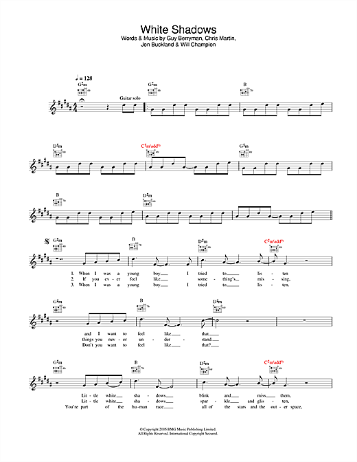 Preview Coldplay White Shadows Rock sheet music, notes and chords for Melody Line, Lyrics & Chords, SKU: 33918 sheet music, piano notes, chords, guitar tabs, score, transpose, transcribe, how to play, guide, download, learn, tutorial, progression, song, artist, awards, billboard, mtv, vh1, tour, single, album, release