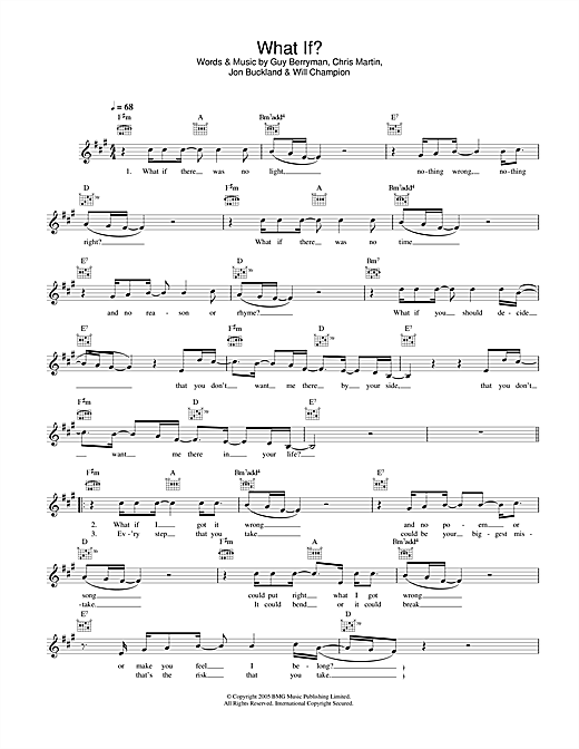 Preview Coldplay What If? Pop sheet music, notes and chords for Melody Line, Lyrics & Chords, SKU: 33920 sheet music, piano notes, chords, guitar tabs, score, transpose, transcribe, how to play, guide, download, learn, tutorial, progression, song, artist, awards, billboard, mtv, vh1, tour, single, album, release
