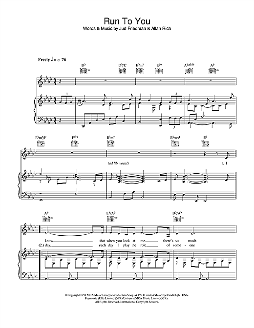 Preview Whitney Houston Run To You Pop sheet music, notes and chords for Piano, Vocal & Guitar (Right-Hand Melody), SKU: 33922 sheet music, piano notes, chords, guitar tabs, score, transpose, transcribe, how to play, guide, download, learn, tutorial, progression, song, artist, awards, billboard, mtv, vh1, tour, single, album, release