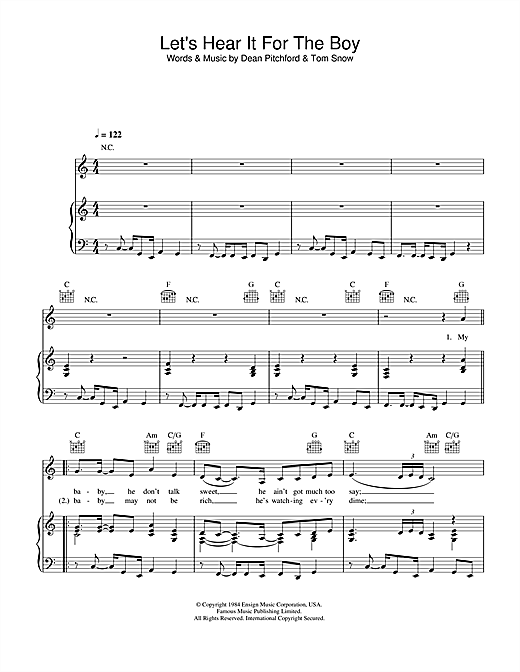 Preview Deniece Williams Let's Hear It For The Boy Pop sheet music, notes and chords for Piano, Vocal & Guitar (Right-Hand Melody), SKU: 33924 sheet music, piano notes, chords, guitar tabs, score, transpose, transcribe, how to play, guide, download, learn, tutorial, progression, song, artist, awards, billboard, mtv, vh1, tour, single, album, release