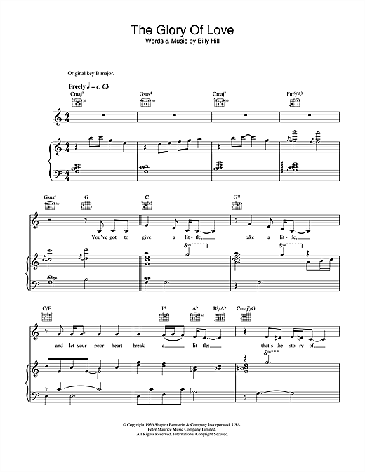 Preview Bette Midler The Glory Of Love Pop sheet music, notes and chords for Piano, Vocal & Guitar, SKU: 33926 sheet music, piano notes, chords, guitar tabs, score, transpose, transcribe, how to play, guide, download, learn, tutorial, progression, song, artist, awards, billboard, mtv, vh1, tour, single, album, release